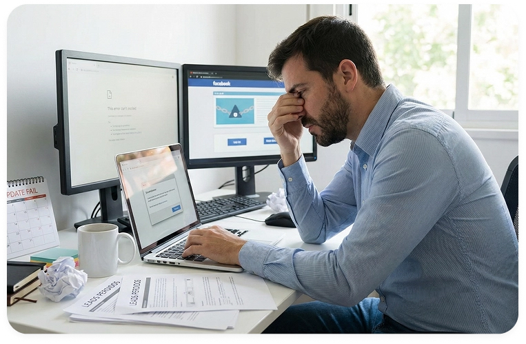 Persona frustrada revisando un error de formulario en la oficina